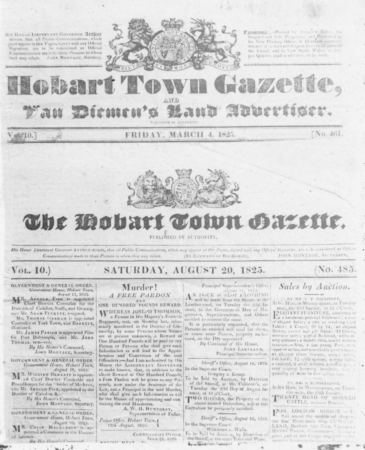 <p>Front page of the <em>Hobart Town Gazette</em>, 4 March 1825</p>

