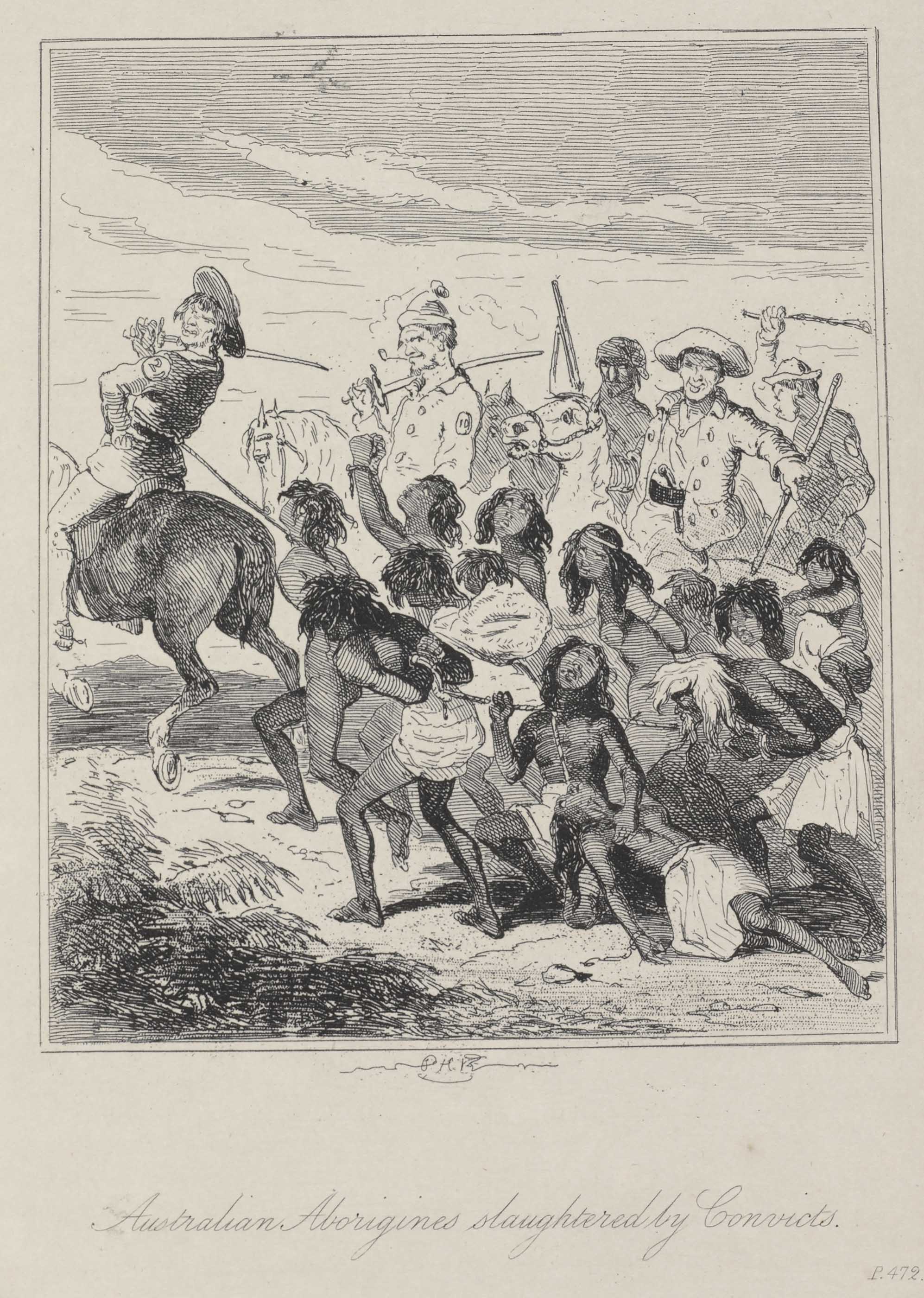 <p><em>Australian Aborigines Slaughtered by Convicts</em>,&nbsp;1840s, by Phiz</p>
