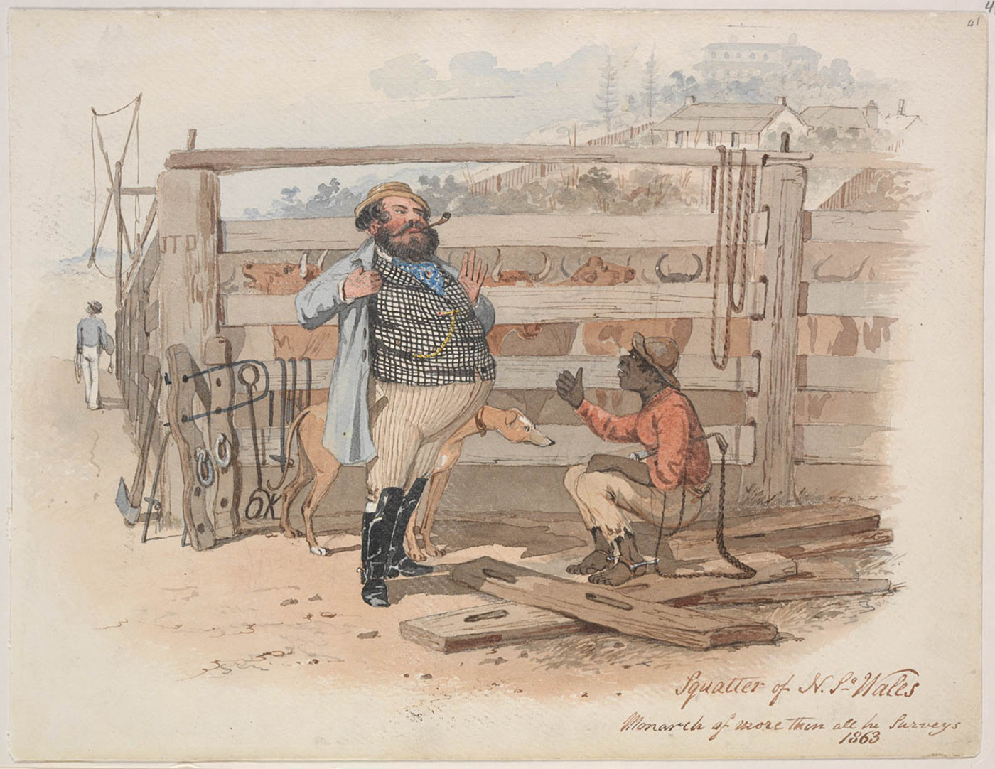 Squatter of N.S.Wales: Monarch of more than all he surveys, by Samuel Thomas Gill, 1863.
