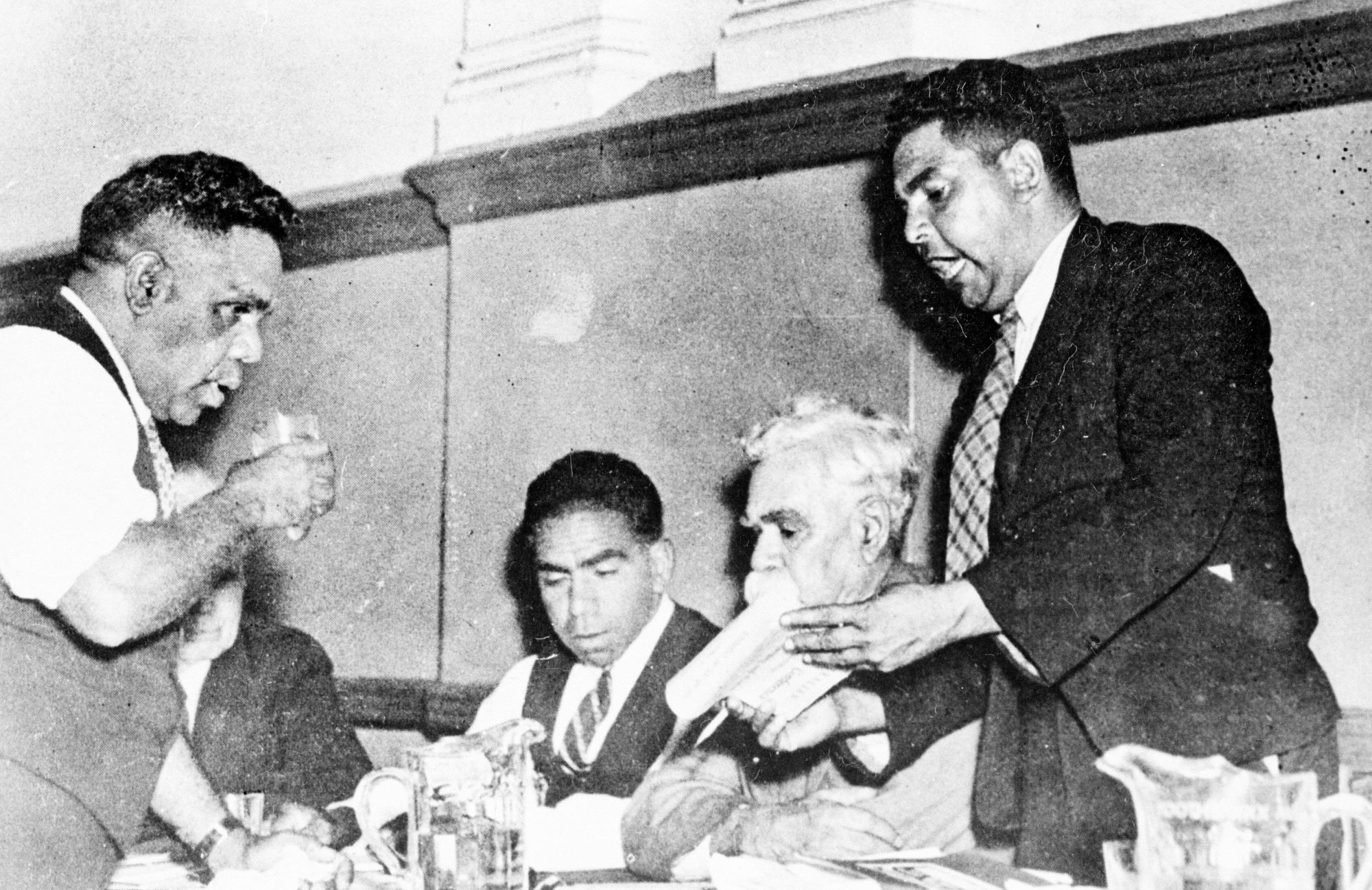 Aboriginal rights activists Tom Foster, Jack Kinchela, Douglas Nicholls, William Cooper and John Patten during the 1938 Day of Mourning.