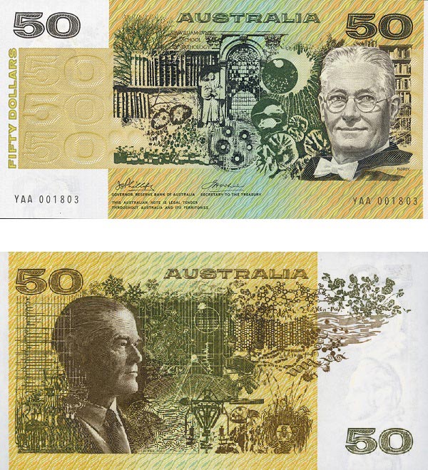 Australian $50 note, featuring Howard Florey and Sir Ian Clunies Ross.