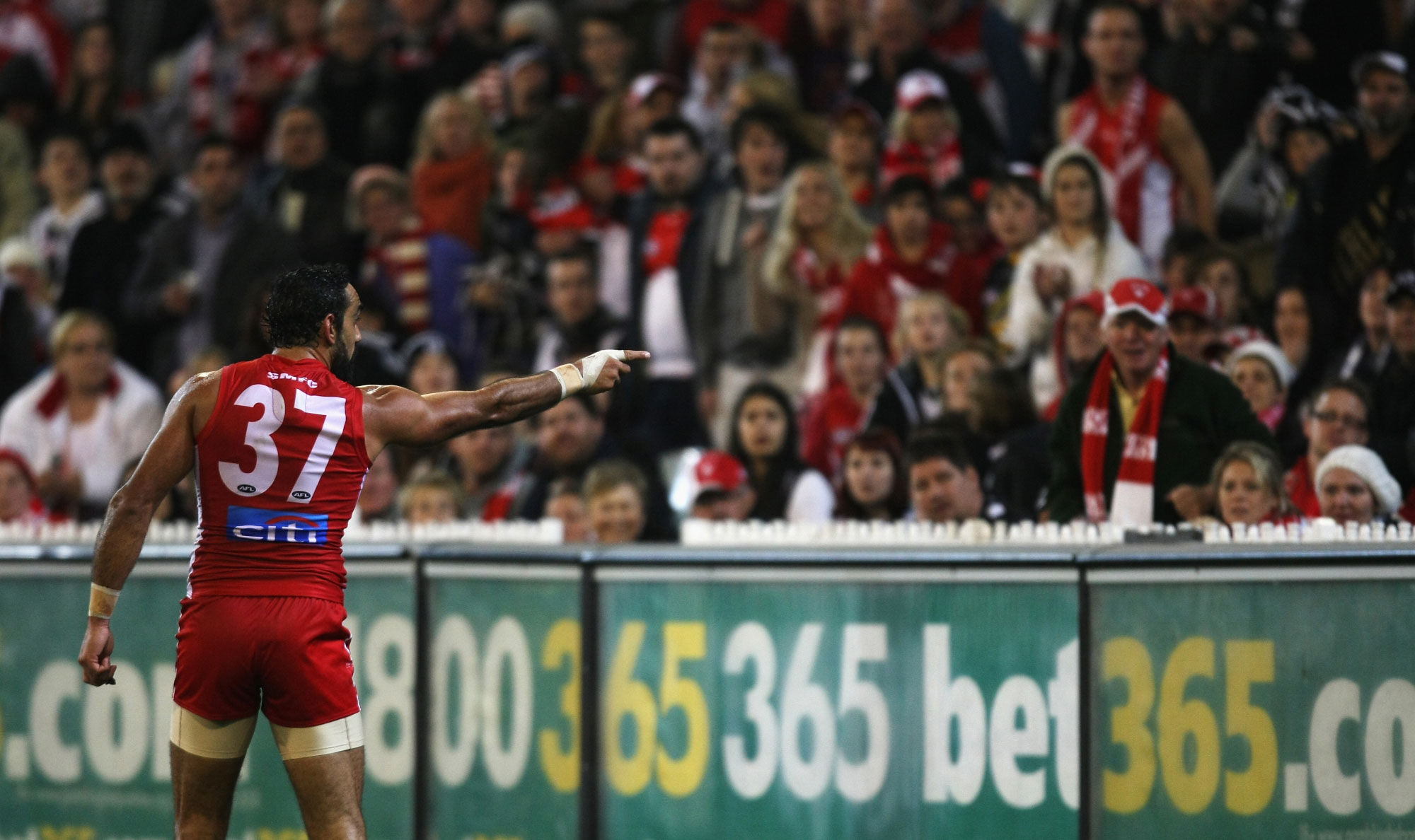 <p>Adam Goodes points out a spectator who made racist comments about him, 24 May 2013</p>
