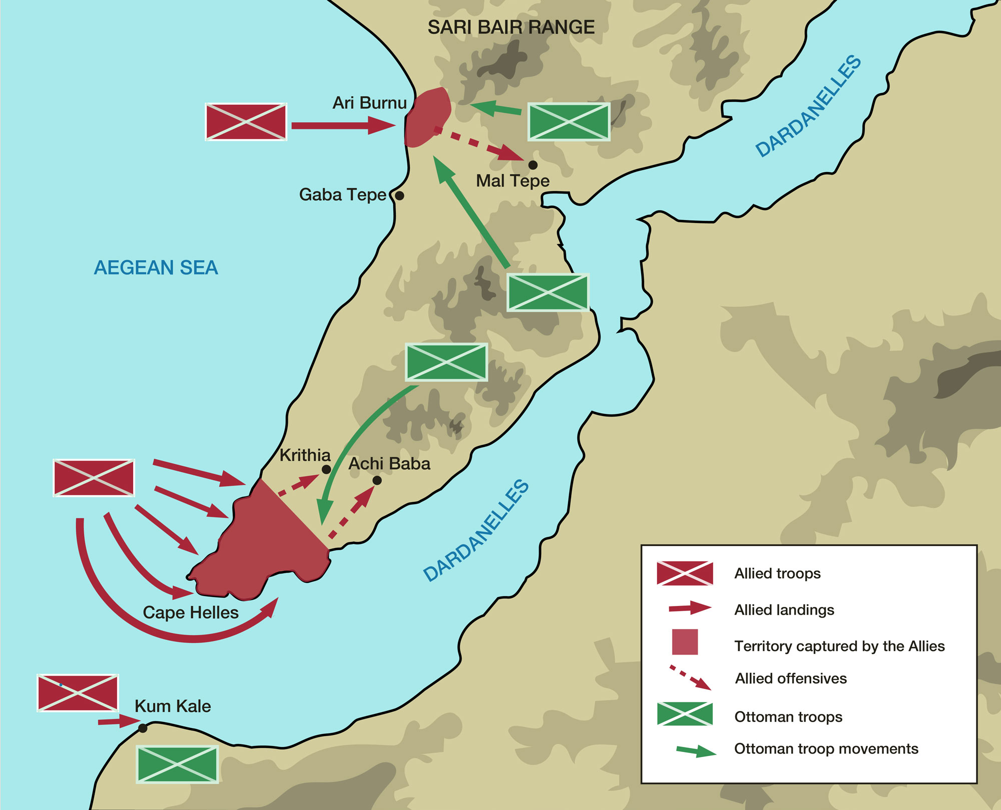 <p>Map of the Gallipoli invasion, 1915</p>
