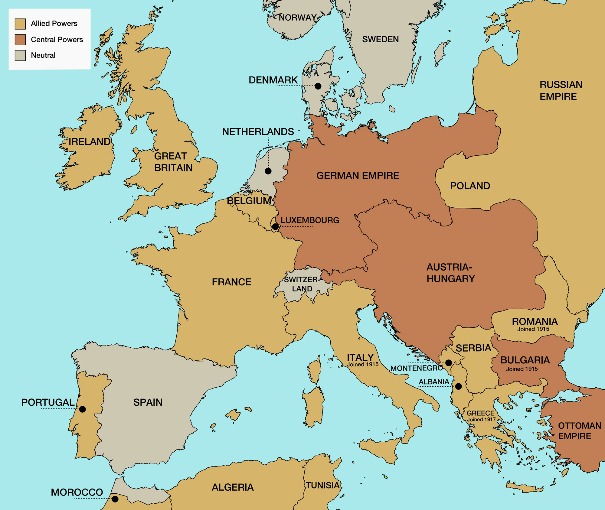 <p>Map showing First World War alliances</p>
