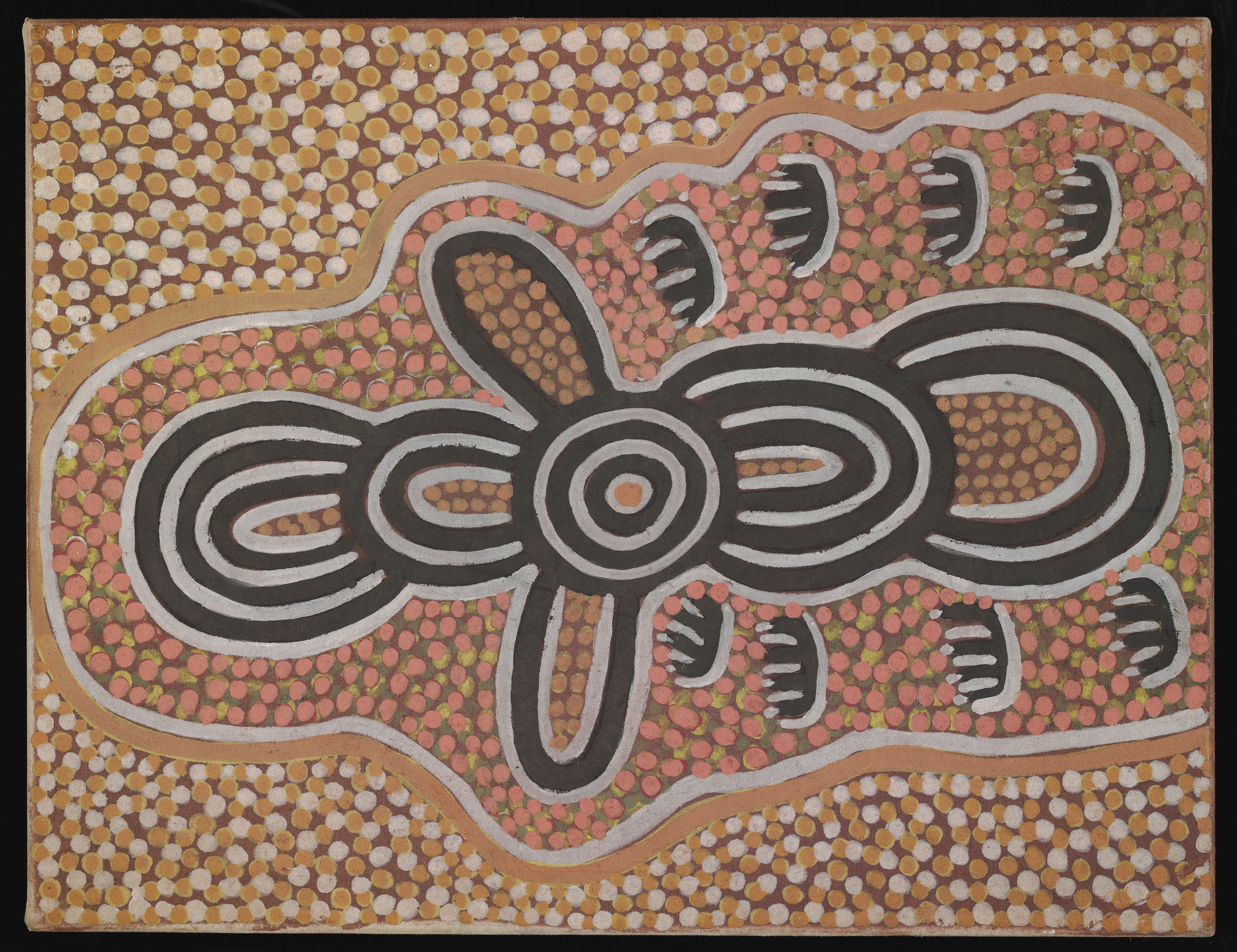 <p><em>Flying Dingoes,&nbsp;</em>1974,&nbsp;Mick Namararri Tjapaltjarri, synthetic polymer paint on canvas, 80 x 61 cm</p>
