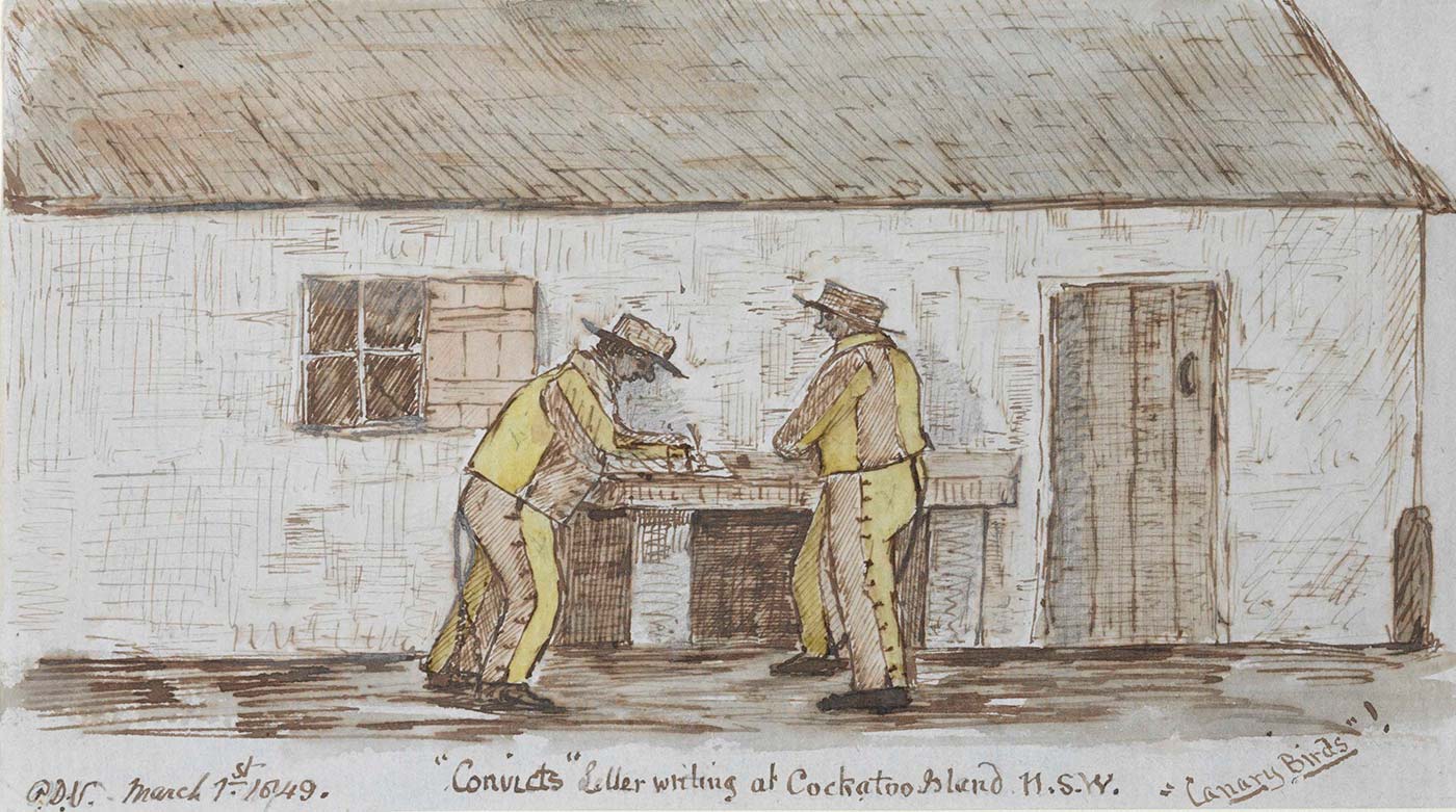 <p>‘Convicts letter writing at Cockatoo Island N.S.W.’,&nbsp;by Philip Doyne Vigors, 1849</p>
