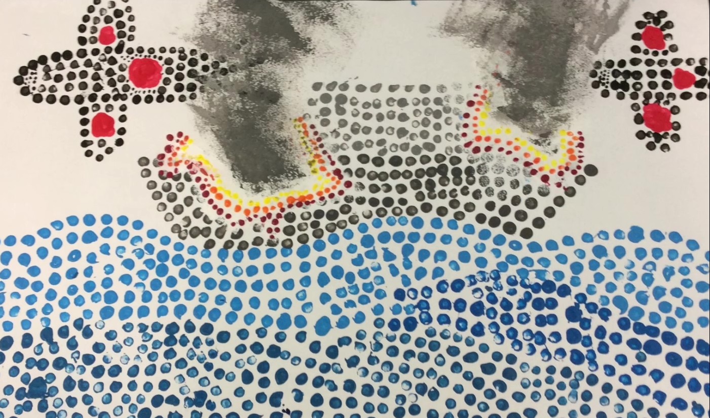 An artwork made up of dots showing a burning ship and aeroplanes. 