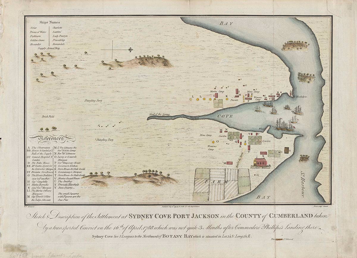 <p>‘Sketch &amp; description of the settlement at Sydney Cove Port Jackson in the County of Cumberland.’ Drawn by Francis Fowkes.</p>
