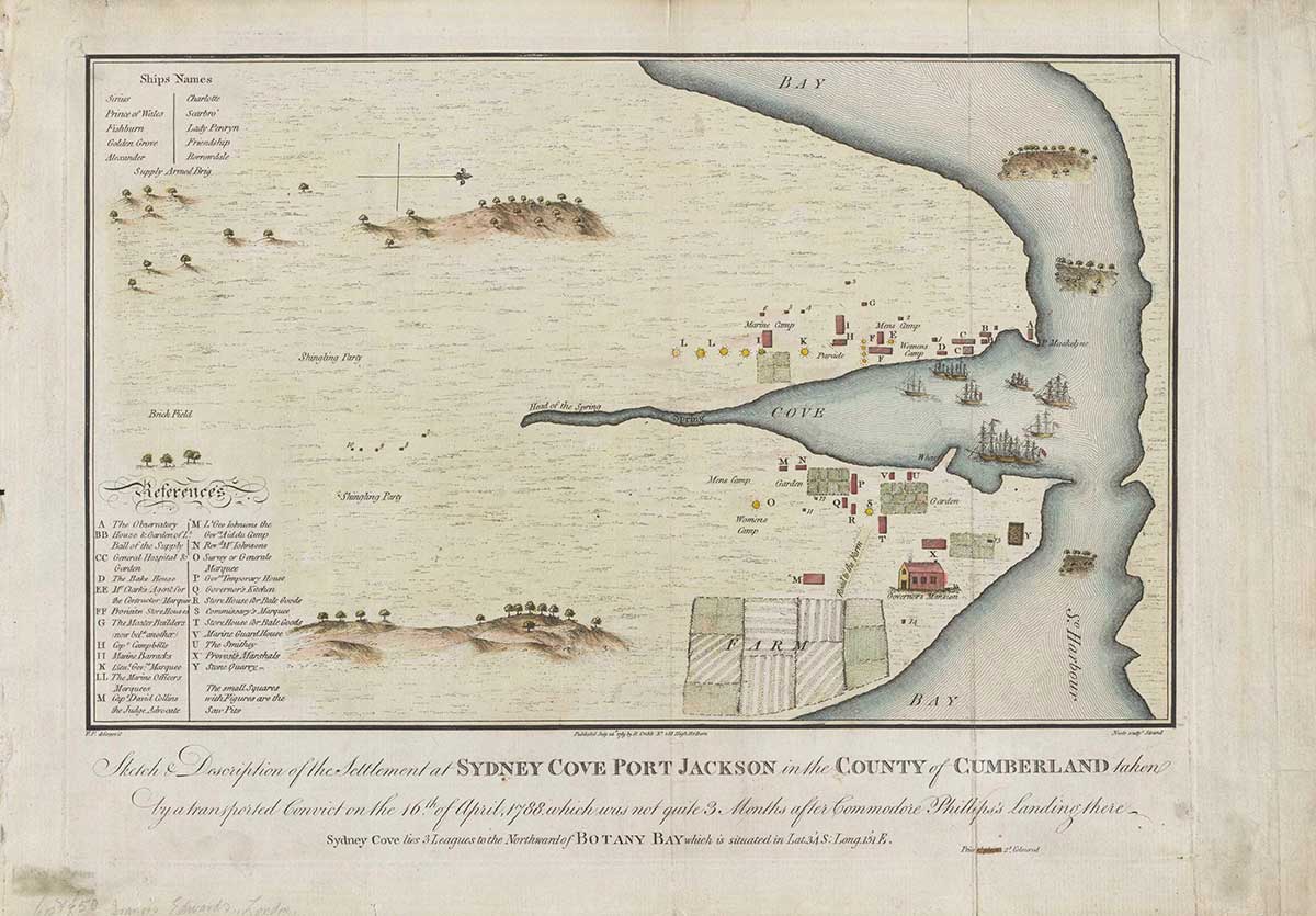 <p>‘Sketch &amp; description of the settlement at Sydney Cove Port Jackson in the County of Cumberland.’&nbsp;Drawn by Francis Fowkes</p>
