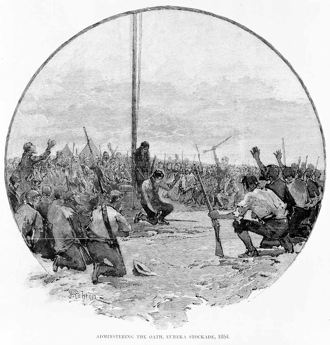 <p>Wood engraving titled <em>Administering The Oath, Eureka Stockade, 1854</em></p>
