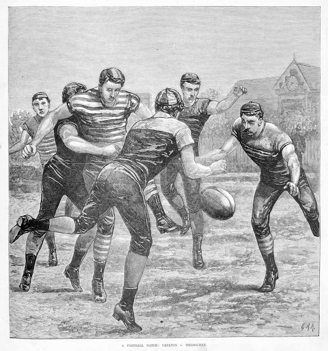 <p>A football match: Carlton v Melbourne,<em>&nbsp;Australasian Sketcher</em>, 18 June 1881</p>
