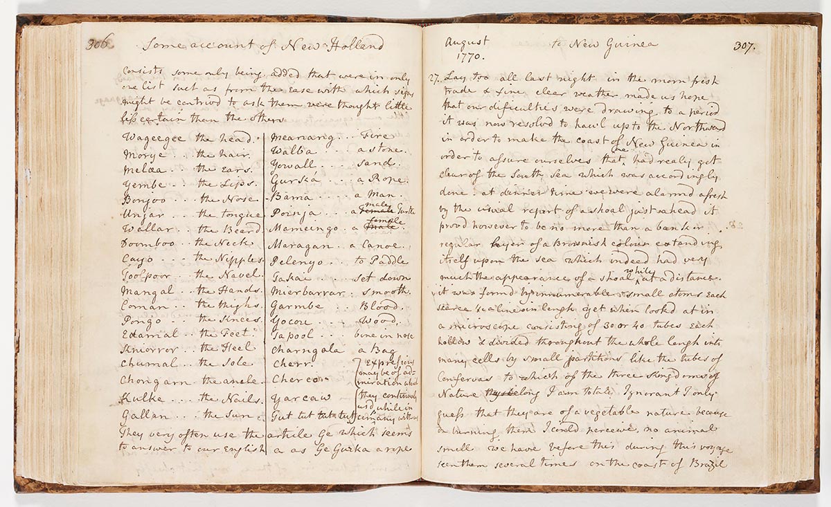 An open book featuring hand written script. At the top of the first page is the text 'Some account of New Holland' and 'to New Guinea' on the second. It is dated August 1770. 