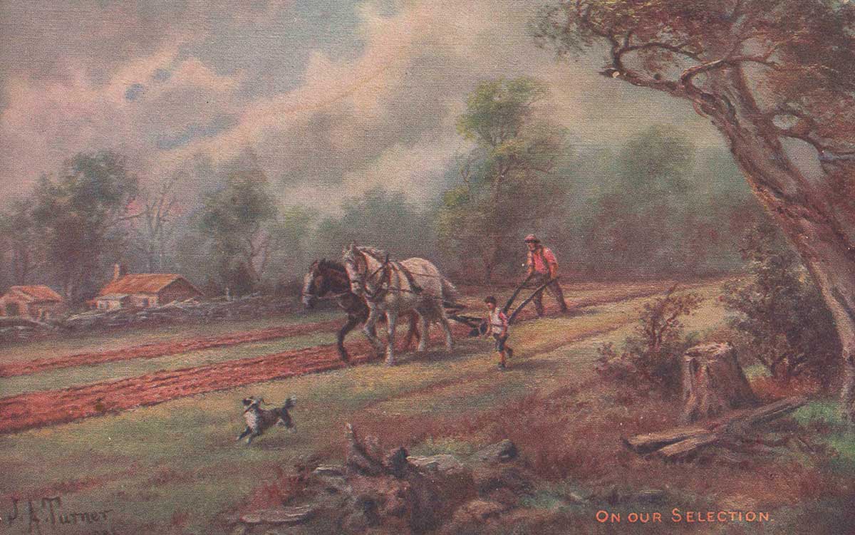 Colour postcard of a farmer working a field with two horses, and accompanied by a young child and dog. A farmstead can be seen in the beyond.