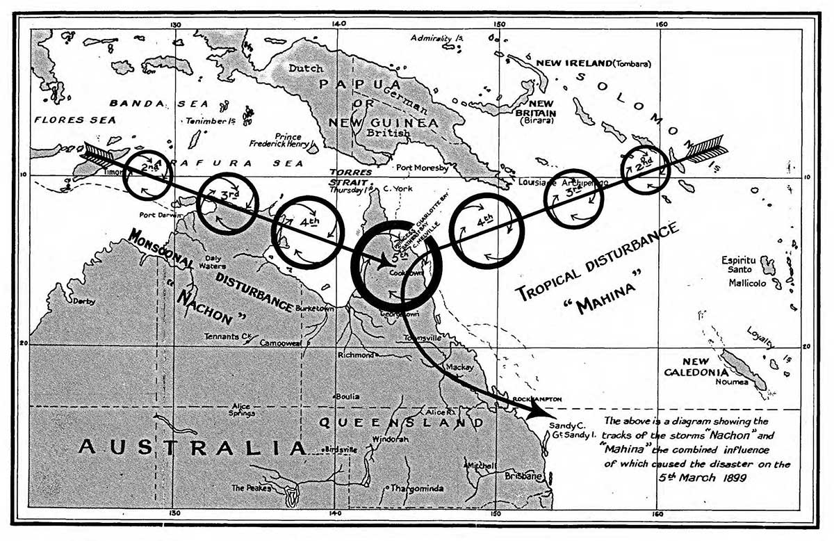 <p>Progress of Cyclone Mahina</p>
