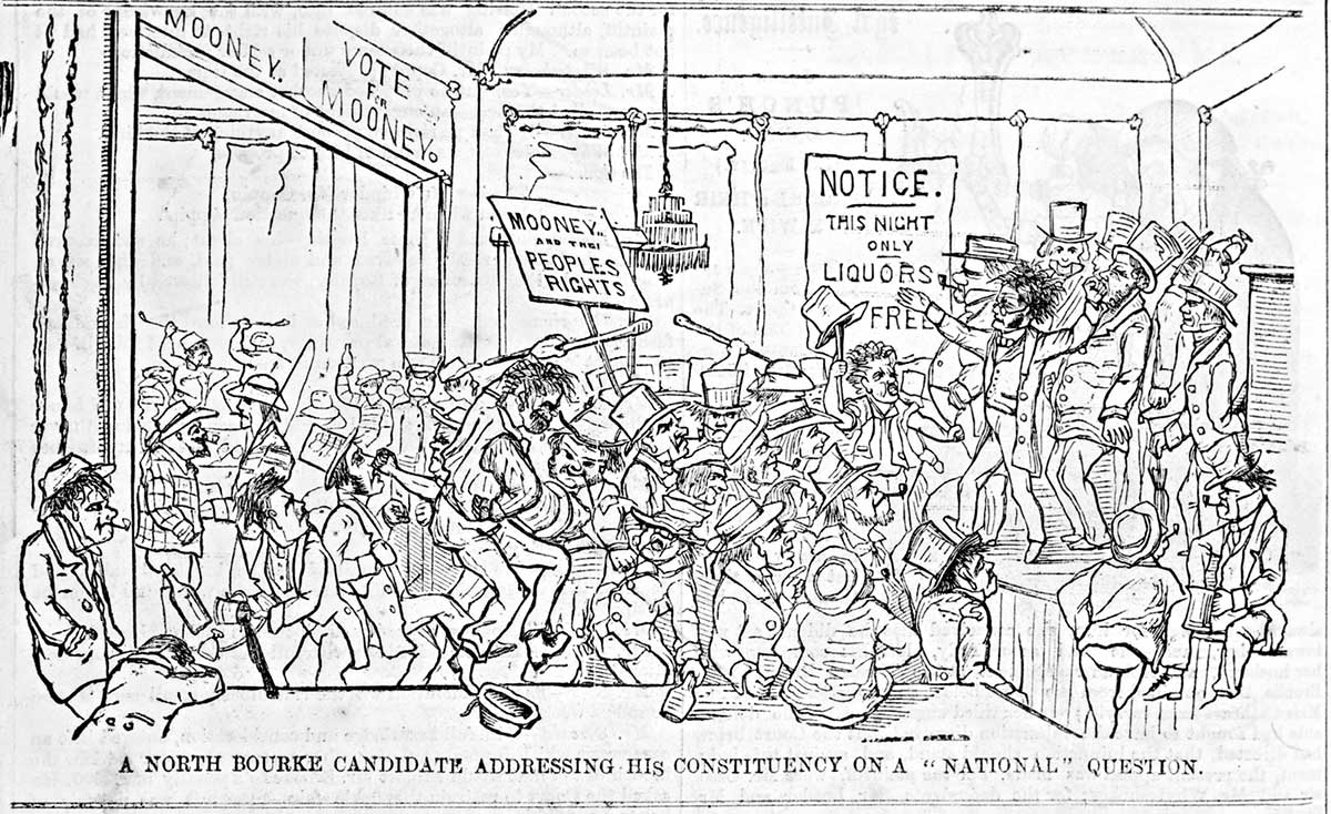 <p>Cartoon of electioneering in the pub, published by Edgar Ray and Frederick Sinnett, 1855</p>