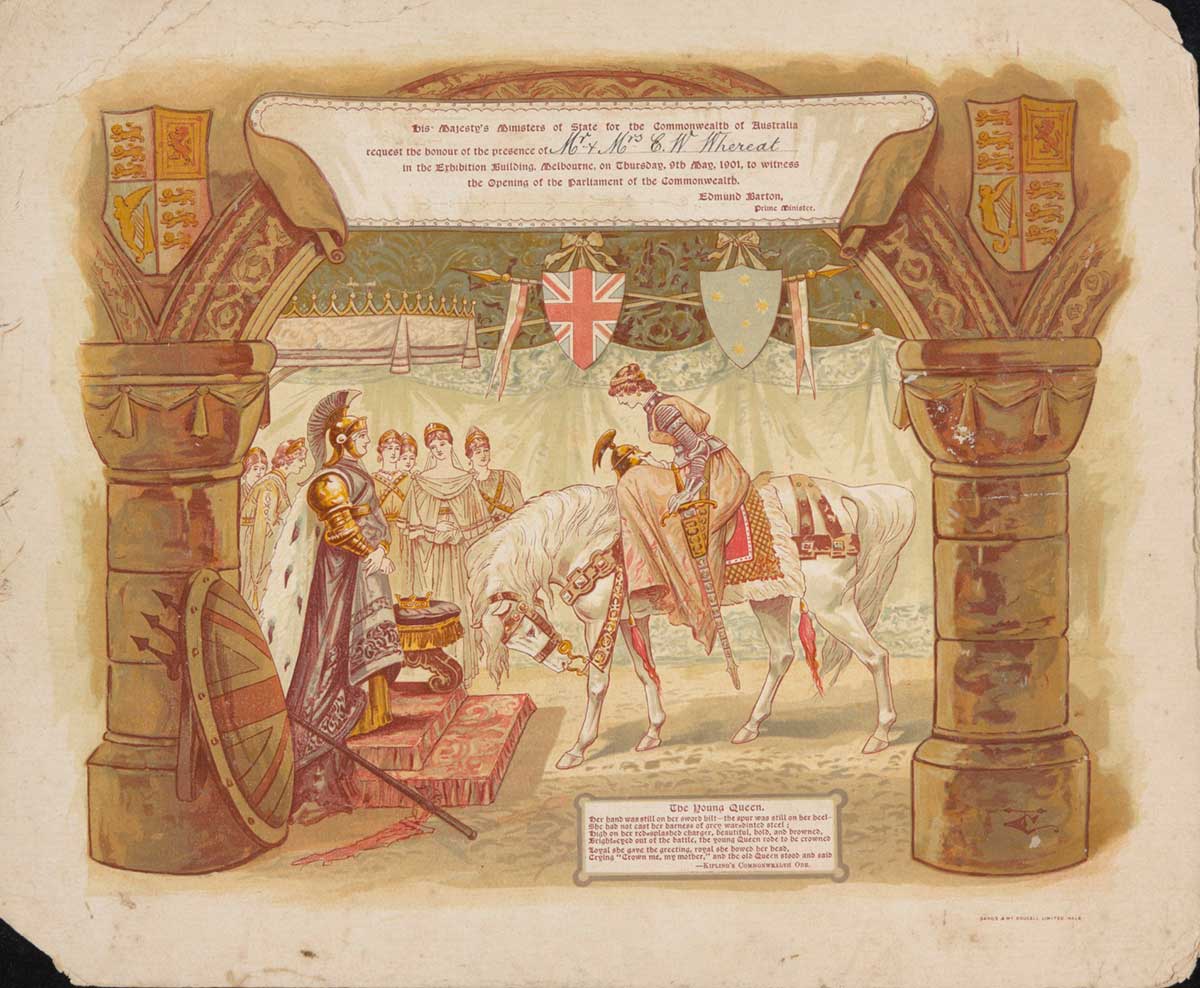 <p>Invitation to the opening of the First Commonwealth Parliament at Exhibition Building, Melbourne, 9 May 1901</p>
