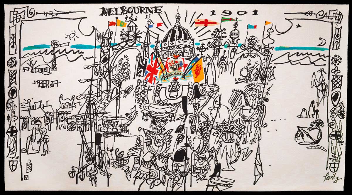 Cartoon in the form of a tapestry showing primarily a black line drawing of crowds in Melbourne.