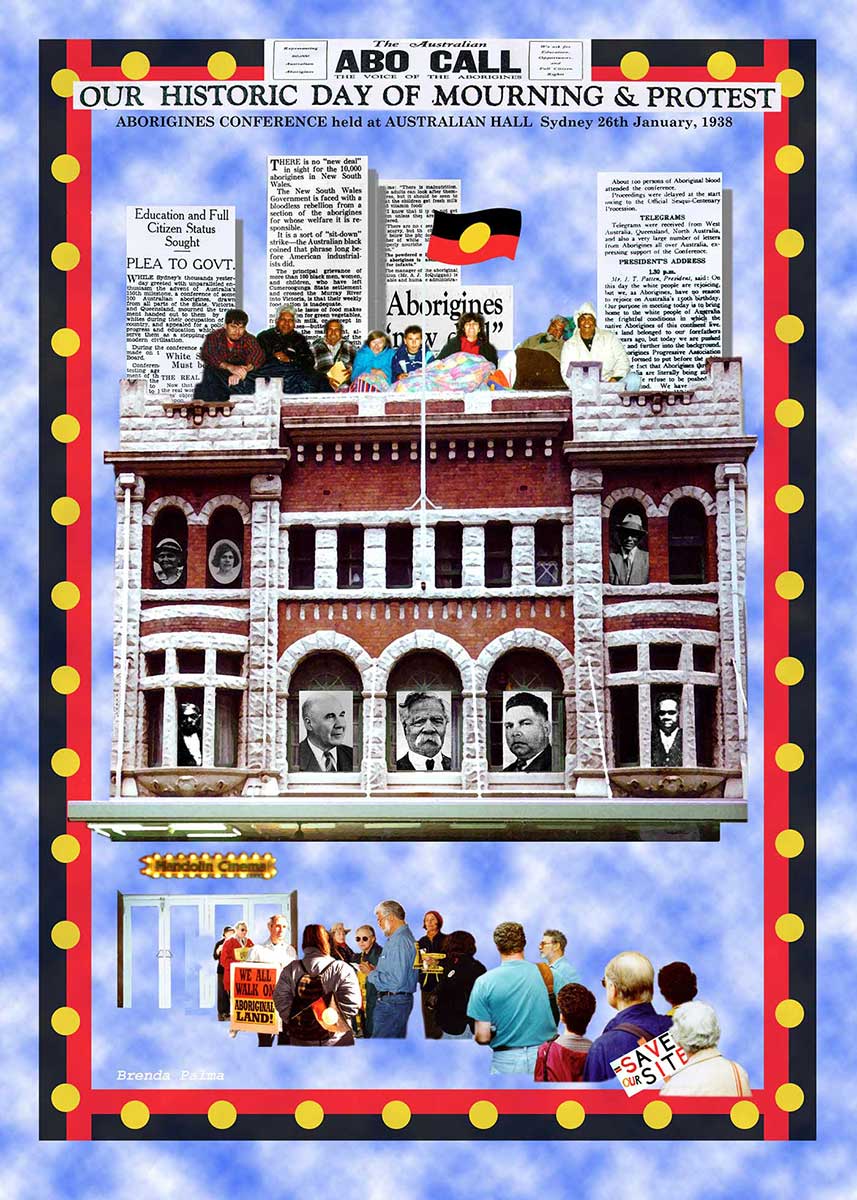 Poster of a collage design featuring protest-related imagery and text.