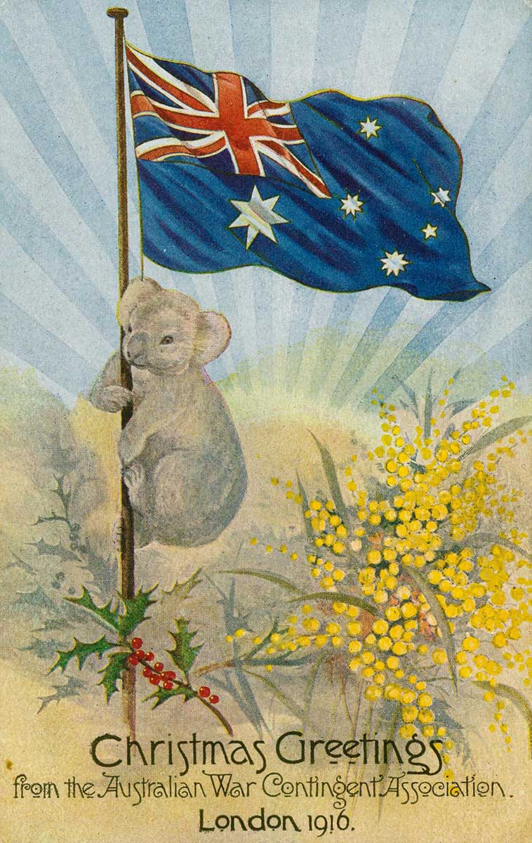 <p>‘Christmas greetings from the Australian War Contingent Association’ postcard, 1916</p>

