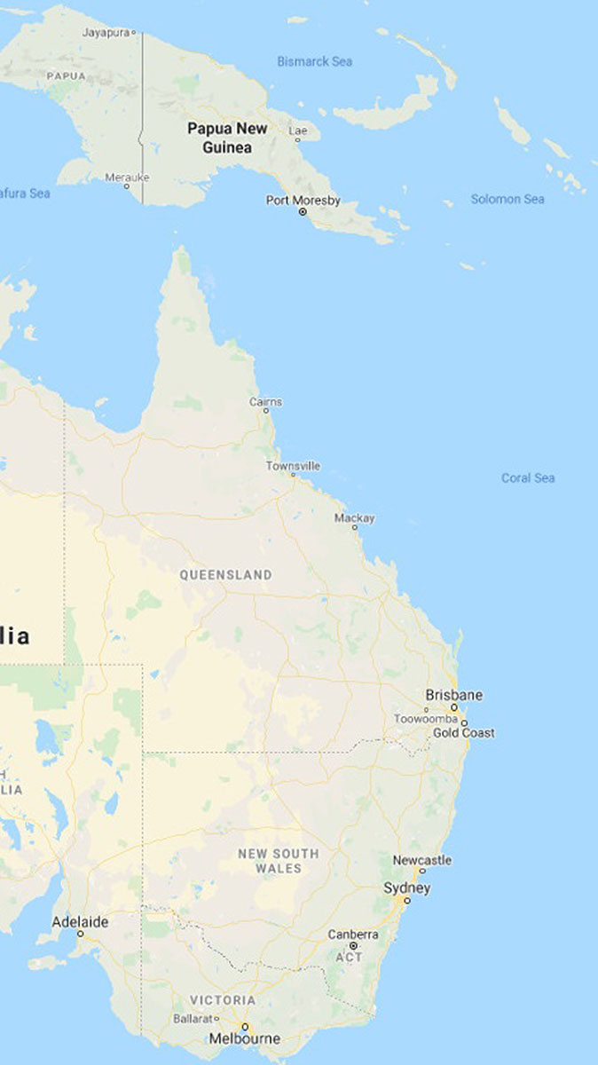 <p>Map of Papua New Guinea and eastern Australia</p>
