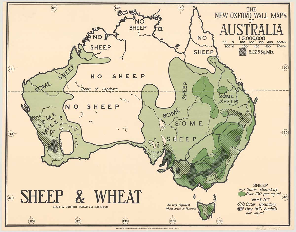 <p>A map showing sheep and wheat growing areas of Australia, published in the 1920s</p>
