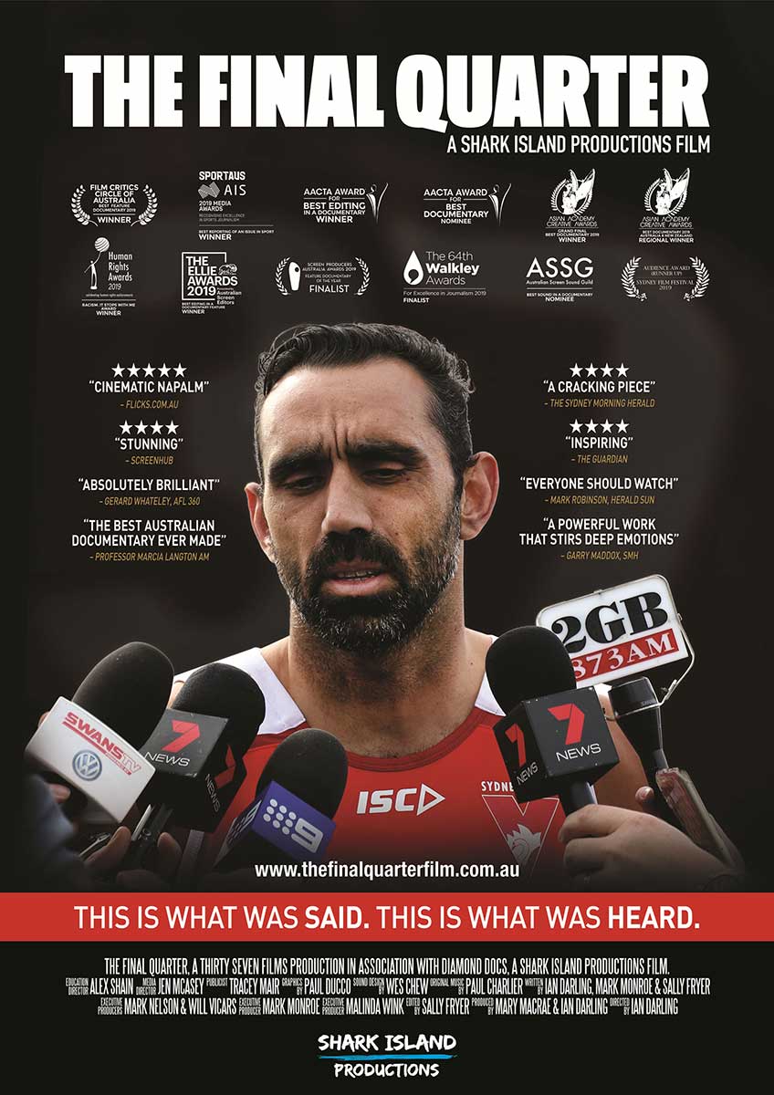 Film poster for The Final Quarter featuring a colour photo of Adam Goodes speaking to the media.
