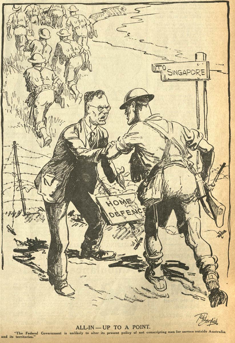 Black and white cartoon of a man in a suit trying to prevent a US soldier from following other soldiers up a hill. The man in the suit is pointing to a sign that reads 'HOME DEFENCE' that is tangled up in a barbed wire fence that the soldiers have trampled.