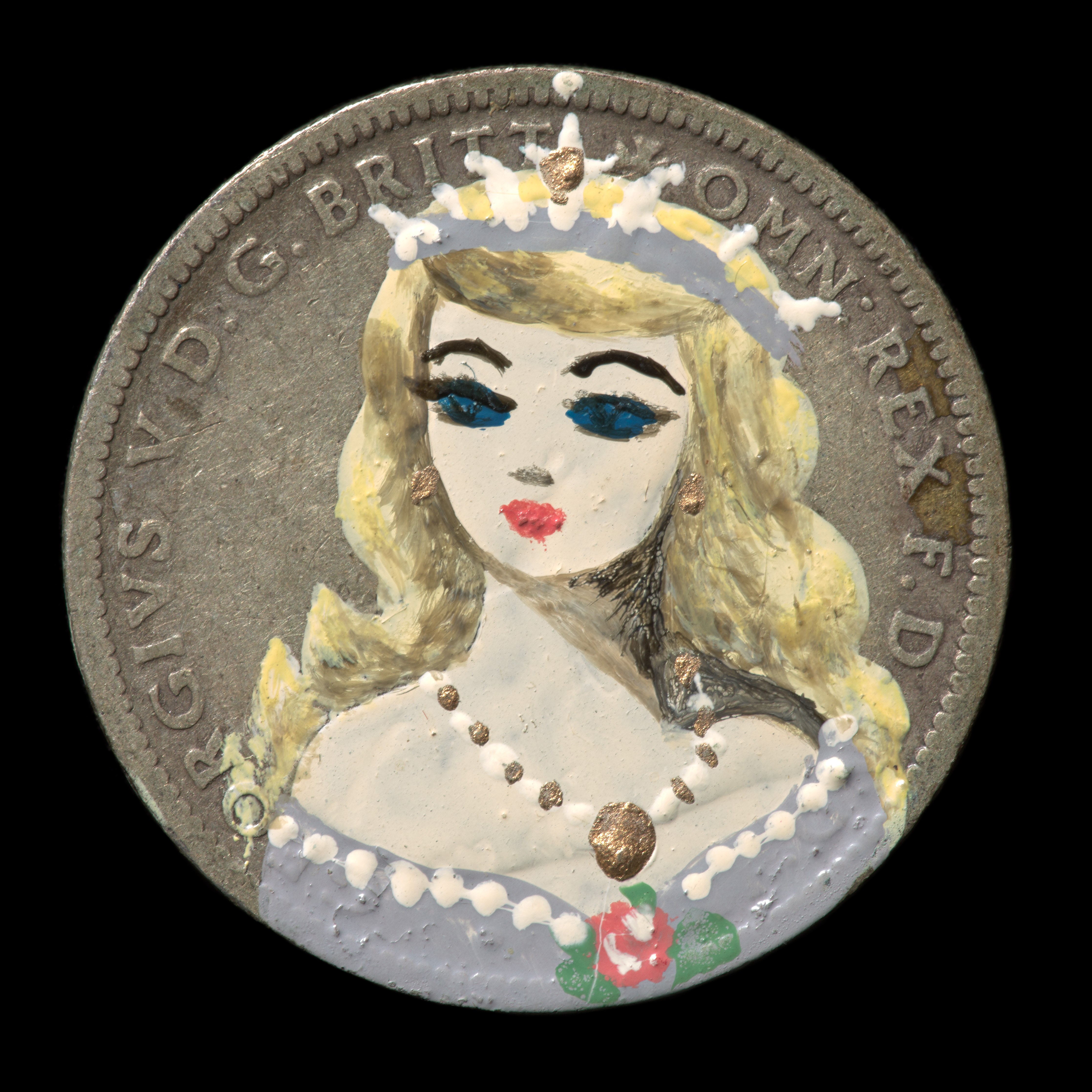  A circular, handpainted metal coin. The coin is silver coloured and dated 1915. One face is overpainted with a head and shoulders portrait of a woman with long blonde hair wearing a purple and white off the shoulder dress, a crown and a necklace.