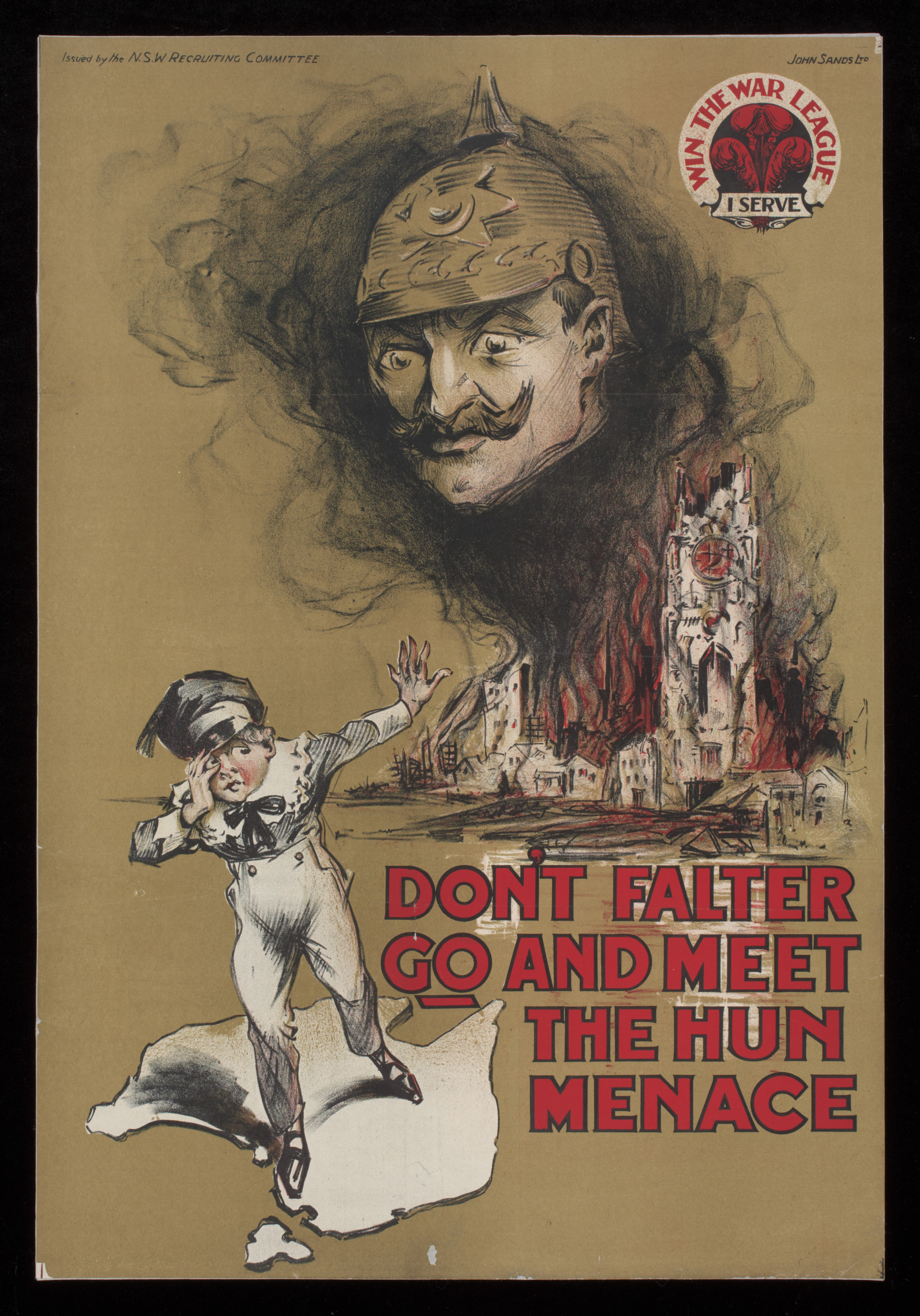 A colour lithograph print with paper backing. At the top there is a man's head with a moustache and a spiked helmet emerging from smoke rising from a burning church tower and ruined buildings. He faces towards a young boy who is turning away from the scene with a hand to his face and his other arm outstretched. The boy stands on a map of Australia. 
