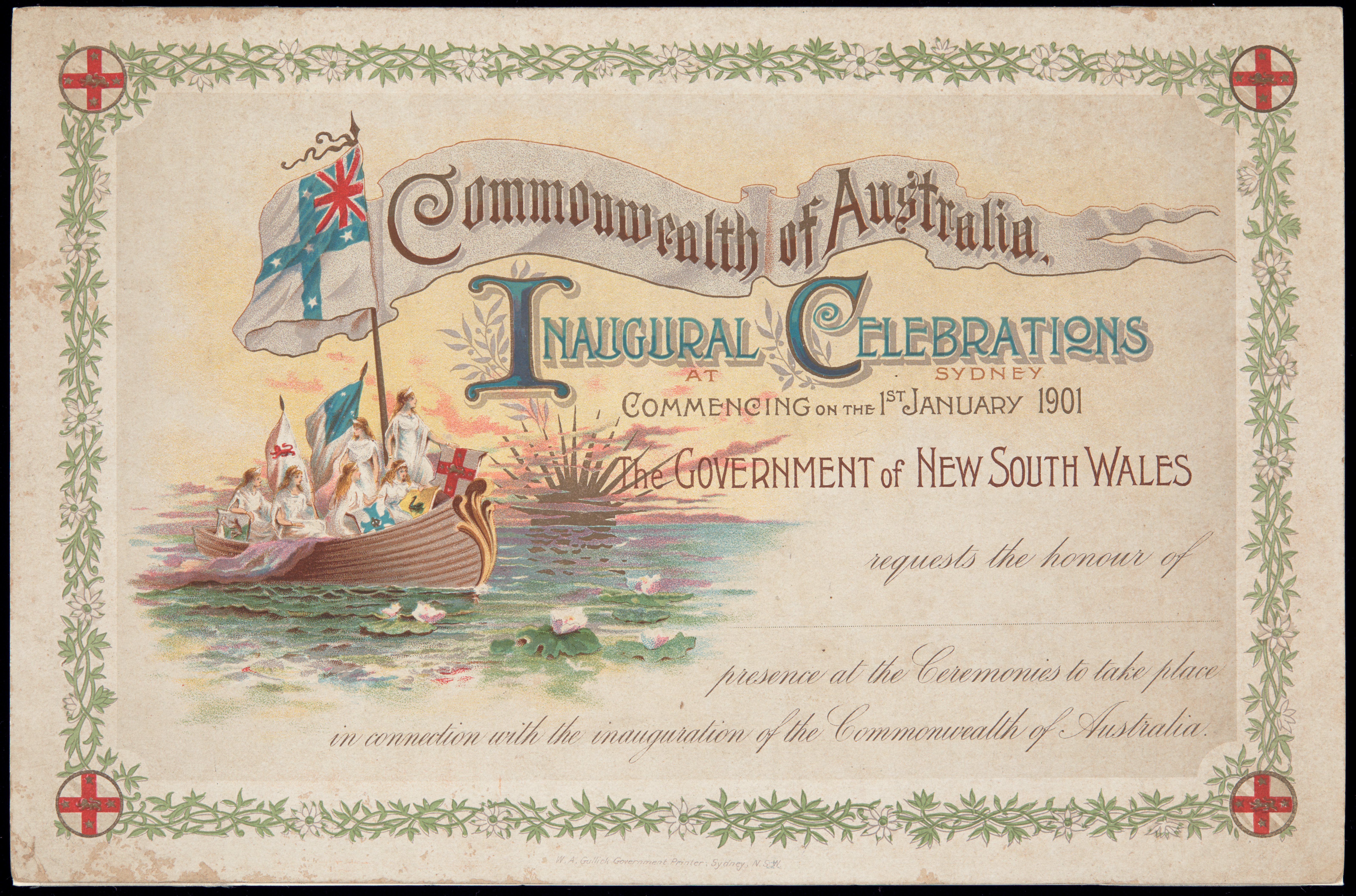  Invitation to 'Commonwealth of Australia / INAUGURAL CELEBRATIONS at Sydney / Commencing on the 1st January 1901'. [
