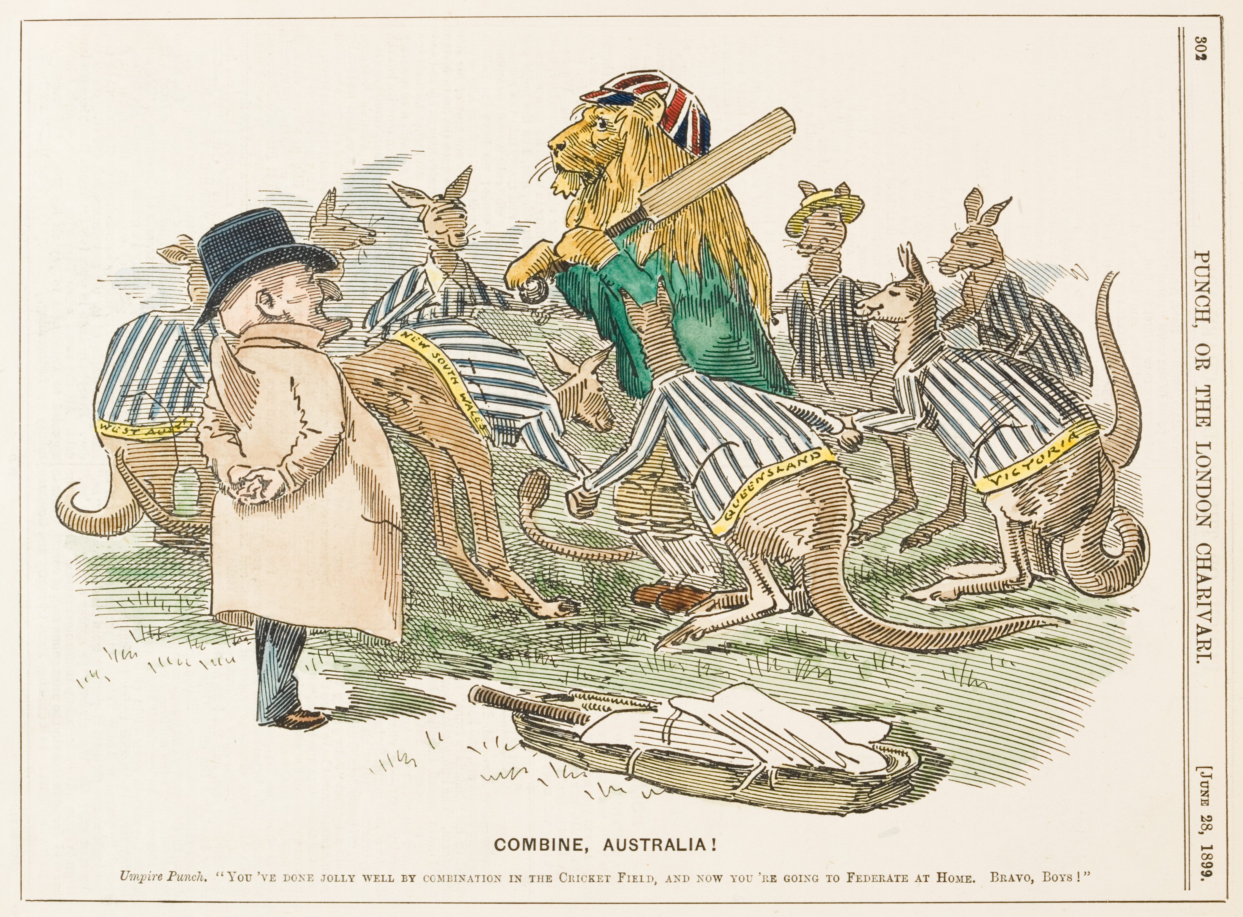 Cartoon framed with two pieces of paper board. The cartoon features a lion in the centre with a cricket bat. There are kangaroos in blue and white jackets around the lion with state names printed on the jackets. Text in the cartoon reads "COMBINE AUSTRALIA: Umpire Punch"YOU"VE DONE JOLLY WELL BY COMBINATION IN THE CRICKET FIELD, AND NOW YOU"RE GOING TO FEDERATE AT HOME. BRAVO BOY!".