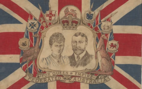  An invitation on thick cardboard that reads 'THE GOVEREMENT OF VICTORIA requests the honor of the presence of / Mr & Mrs E. W.Whereat / at a Conversazione in the Exhibition Building on the Evening of Tuesday 7th May 1901, at 8 p.m.'. The invitation has an illustration of the Royal Exhibition building in the centre and a border that is highly decorated with scenes of five Australian capital cities as well as shields, and Australian flora and fauna.