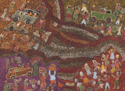 An acrylic painting on canvas showing groups of people and four vehicles, against a multi-coloured dot infill background.
