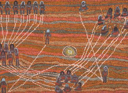 An acrylic painting on canvas showing groups of people and individuals, connected by white dotted lines. The background is made of dot infill in predominantly red and orange tones.
