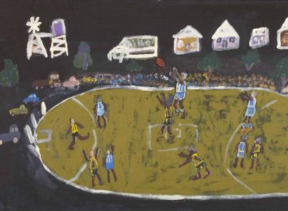An acrylic painting on canvas showing a football match on a green oval against a dark background.